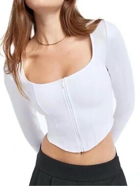 Sunday Best White Maverick Square Neck Zip Cropped Long Sleeve Top Size Medium